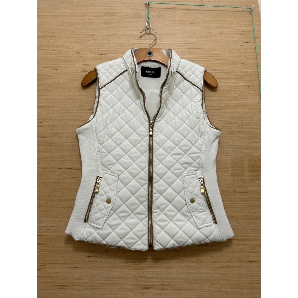 Active USA Womens White Quilted Vest Small Gold Zip Equestrian Ribbed Sides